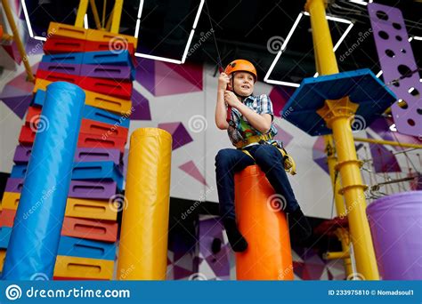 Little Boy On Zip Line Young Climber In Helmet Stock Photo Image Of