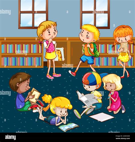 Scene With Many Children Reading Books In The Library Illustration