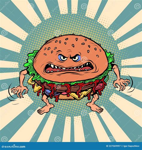 Angry Hungry Burger Character Emotional Fast Food Stock Vector