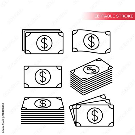 Thin Line Fully Editable Stack Of Dollar Money Icons Banknote Icon Set