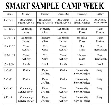 Summer Camp Schedule Template Blank Blank Calendar Template Catch