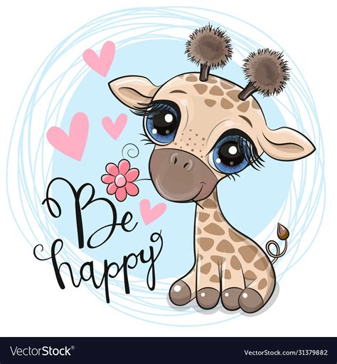 Cute Cartoon Giraffe With Flower On A Blue Vector Image