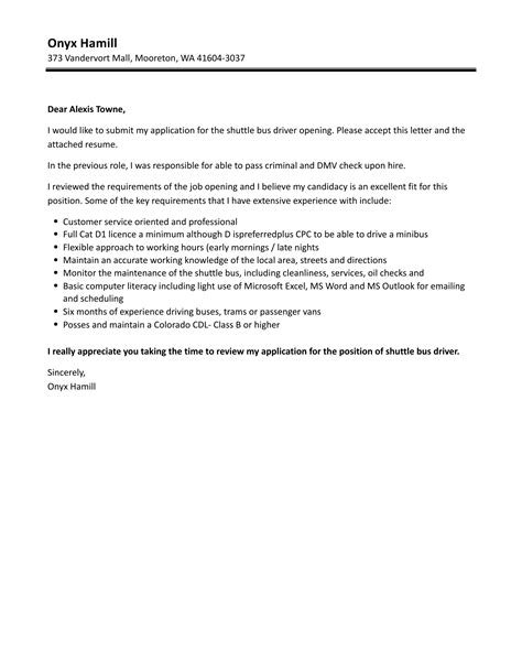 Shuttle Bus Driver Cover Letter | Velvet Jobs