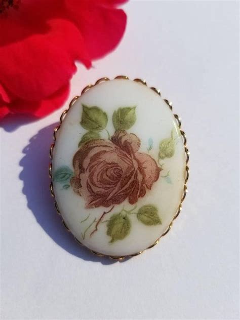 Oval Porcelain Purple Rose Brooch Cameo Pendant Hand Painted Etsy