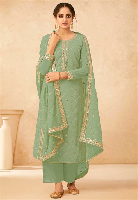 Embroidered Georgette Pakistani Suit In Pastel Green Kch6852