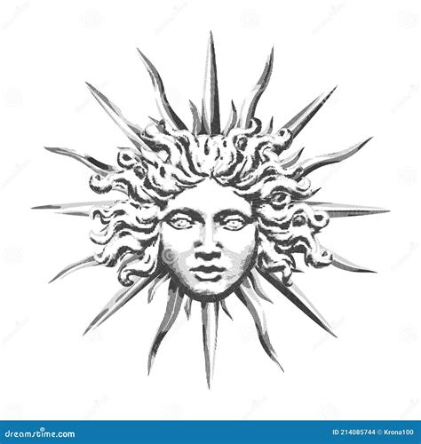 Vector Engraving With A Human Head And Sun Rays In The Antique Style