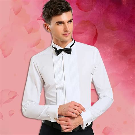 Wing Tip Collar Tuxedo Shirt Long Sleeve Mens French Cuff Button