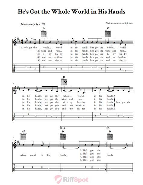 he s got the whole world in his hands chords sheet music and tab for guitar with lyrics