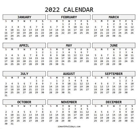January To December 2022 Calendar Download Printable Templates