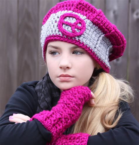 Raspberry Pink And Gray Hat With Peace Sign Gifts For Tween Girls Cute Crochet Slouchy Hat Gifts