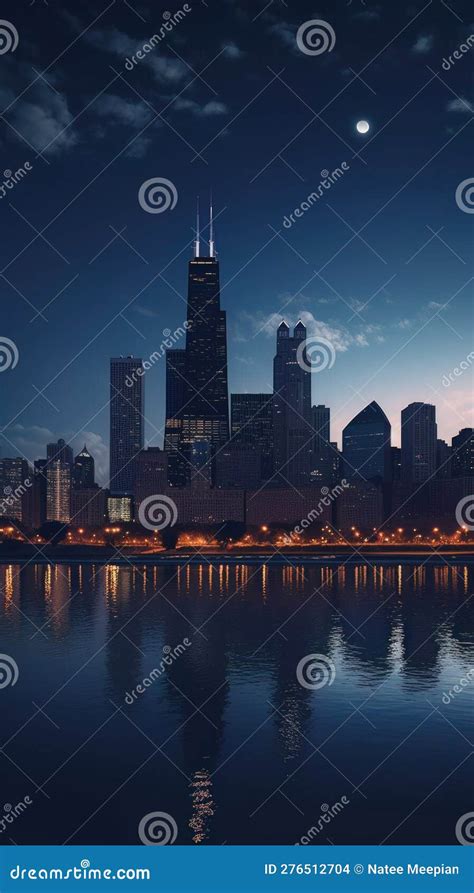 Cityscape Of Chicago At Dusk With Lights From The Skyline Generative