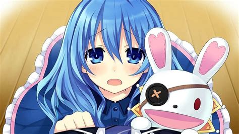 An Anime Character With Blue Hair Holding A Stuffed Animal