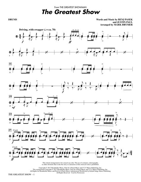 In the rhythm, there is a mixture of quarter notes, 8th notes, 16th notes, 8th note rests and quarter note rests. The Greatest Show - Drums Sheet Music | Pasek & Paul | Choir Instrumental Pak
