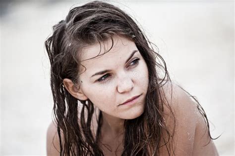 Portrait Of Woman With Wet Hair On The Beach Stock Image Image Of