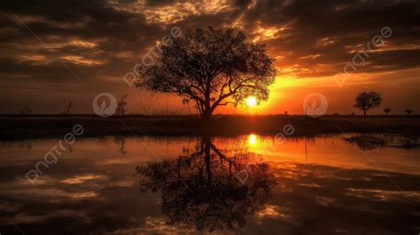 Lone Tree By A Pond In A Sunset Background Beautiful Sunsets Pictures