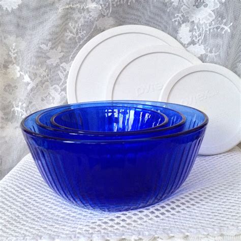 Pyrex Cobalt Blue Glass Mixing Bowls Ribbed Design Set Of