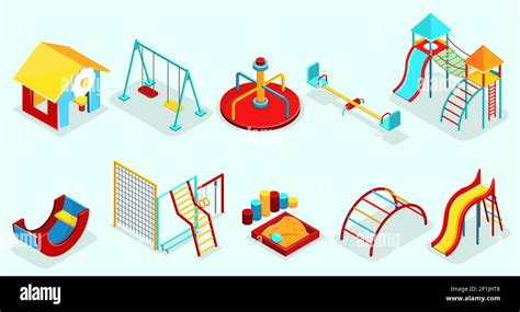 Isometric Playground Elements Set With Sandbox Recreational Swings