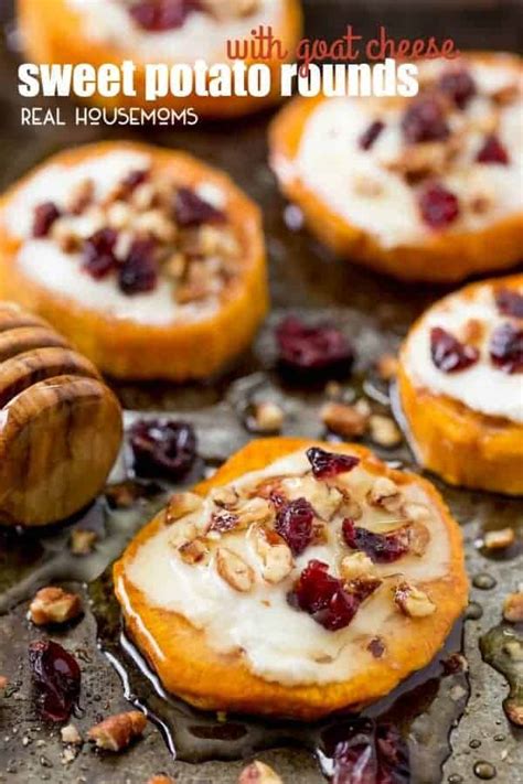 Dot the top with the goat cheese, the pinch of thyme and a nice grind or two of black pepper. Sweet Potato Rounds with Goat Cheese ⋆ Real Housemoms