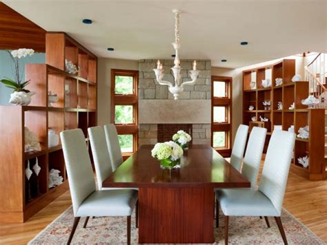 Neutral Dining Room With Mahogany Bookshelves Hgtv