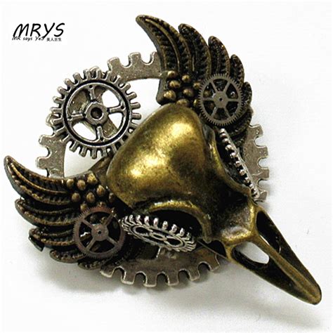 Steampunk Jewelry Gothic Bird Skull Head Wings Gears Collar Brooch Pins