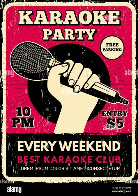 Karaoke Party Poster Music Club Placard With Microphone Silhouettes