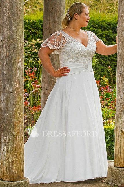 Plunged Short Sleeve Appliqued Plus Wedding Dress With Corset Back