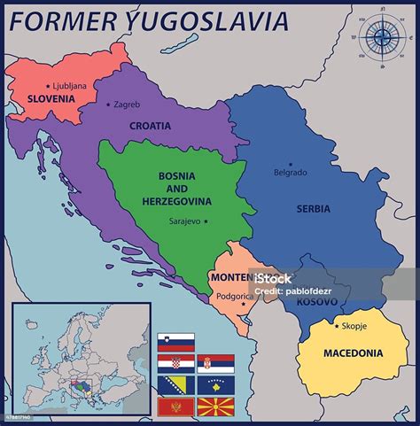 Map Location And Flags Of The Former Yugoslavia Stok Vektör Sanatı