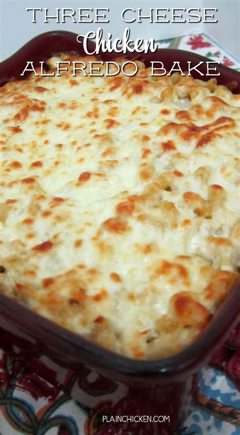 Or, you might try the dish as it was originally invented by. Three Cheese Chicken Alfredo Bake - great make-ahead pasta dish. Elbow macaroni, alfredo sauce ...