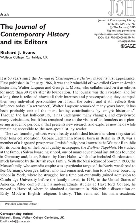 The Journal Of Contemporary History And Its Editors Richard J Evans