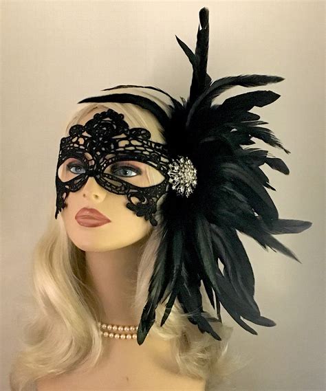 Black Lace Masquerade Mask With Black Feathers Masked Ball Womens Lace