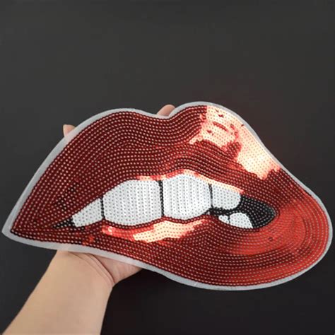t shirt women sexy patch sequins 25cm red lips top deal with it iron on patches for clothing 3d