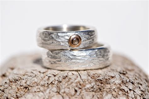 Hammered Silver Wedding Rings With Rose Cut Diamond
