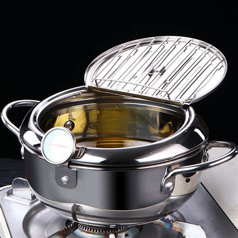 Japanese Tempura Deep Frying Pot With Thermometer Lid Stainless Steel
