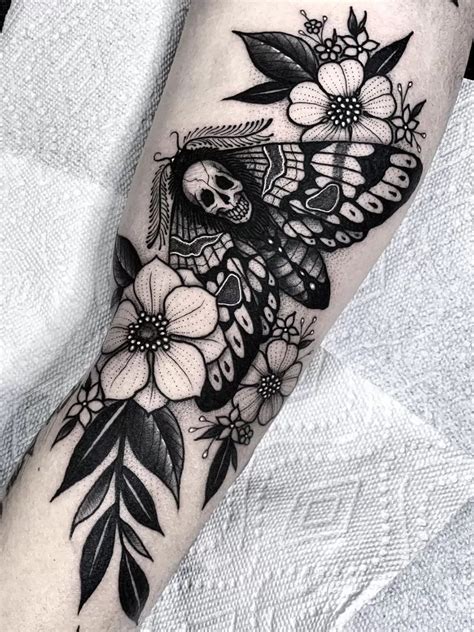 Blackwork Moth And Flowers Tattoo Tattoogoto