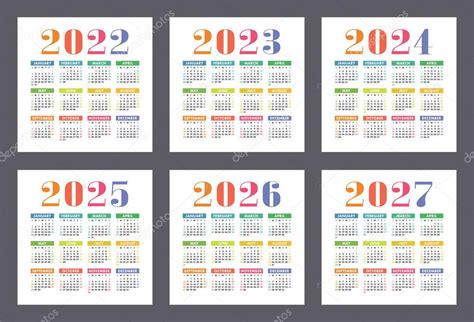 Calendario 2022 2023 2024 2025 2026 2027 Anni Set Vettore Vettoriale