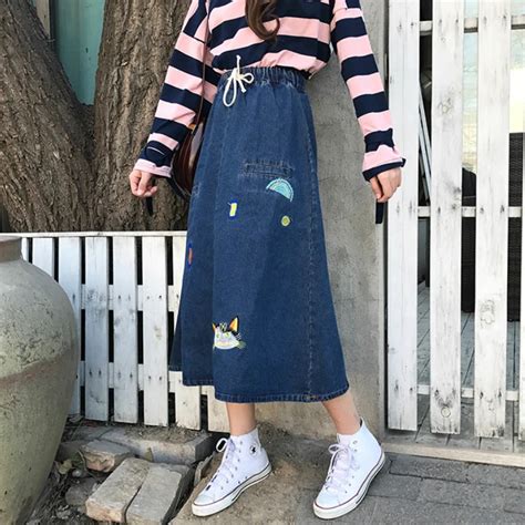Women Embroidery String Denim Skirt 2018 Spring Summer New Hot Fashion Female Casual Mid Calf