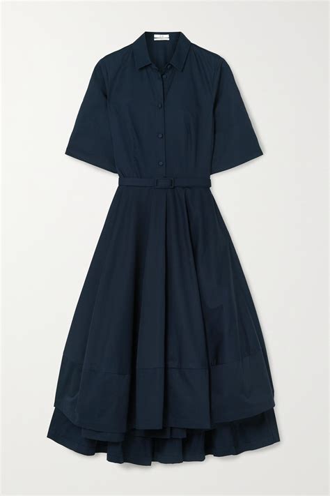 Navy Belted Asymmetric Pleated Cotton Poplin Midi Shirt Dress Co