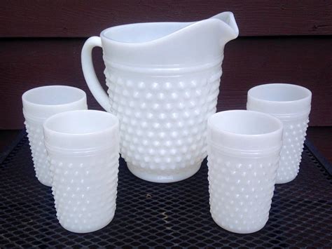 Vintage Fenton Art Glass Hobnail Pattern Milk Glass Pitcher Glasses Set Drinkware Haute Juice