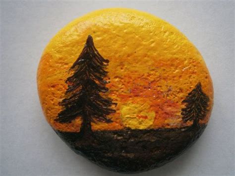 Painted Rock Sunset With Trees Etsy Painted Rocks Stone Art Stone