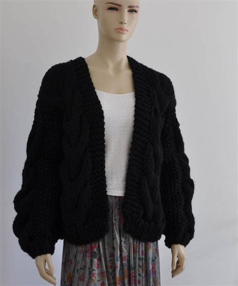 Black Oversized Knit Cardigan Women Chunky Cardigan Wool Etsy