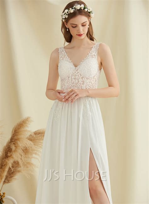 A Line V Neck Floor Length Chiffon Lace Wedding Dress With Sequins