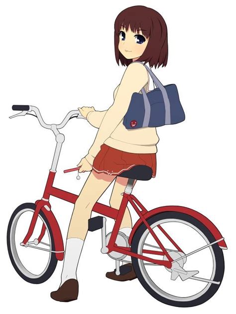 A Woman Riding A Red Bike With A Backpack On Its Back And Holding Onto