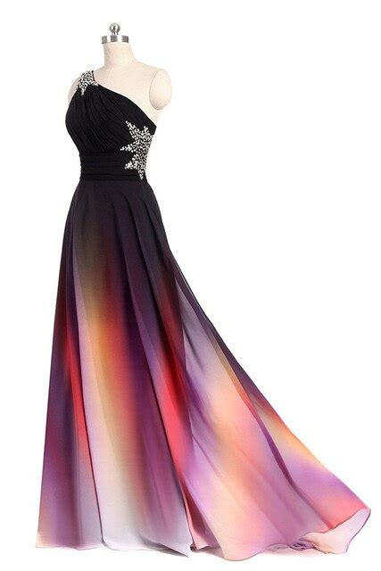 New One Shoulder Ombre Long Prom Dress Black Pink Gradient Evening Prom