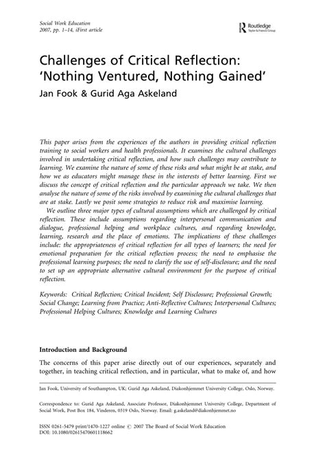 It allowed the client to think about what he had said, while being able to provide me with. (PDF) Challenges of Critical Reflection: 'Nothing Ventured ...