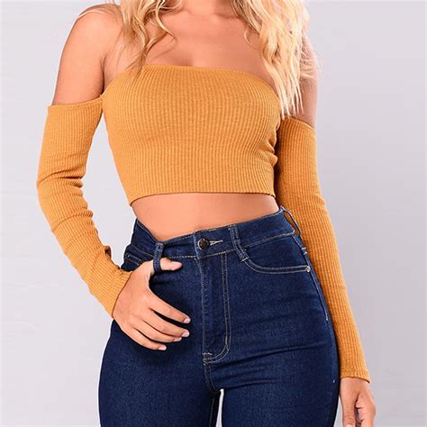 Sexy Knitting Camis For Women Off Shoulder Full Sleeve Knitted Crop Tops Spring Autumn Yellow