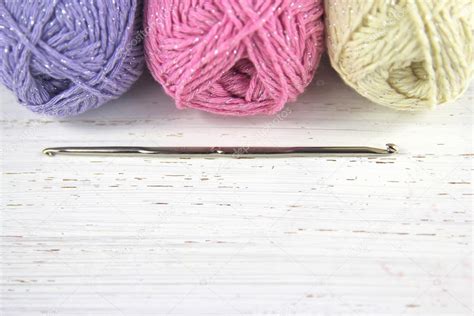 Yarn Wool Pastel Colours With Crochet Hook And Copy Space — Stock Photo