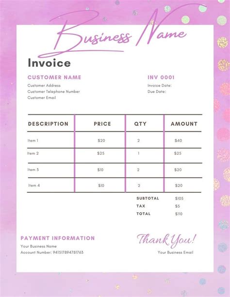 Invoice Template Editable Printable Invoice Business Etsy Free