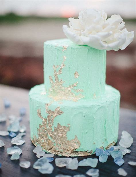 This elegant mint, peach, and gold cake. 25 Lovely Mint and Gold Wedding Ideas | Deer Pearl Flowers