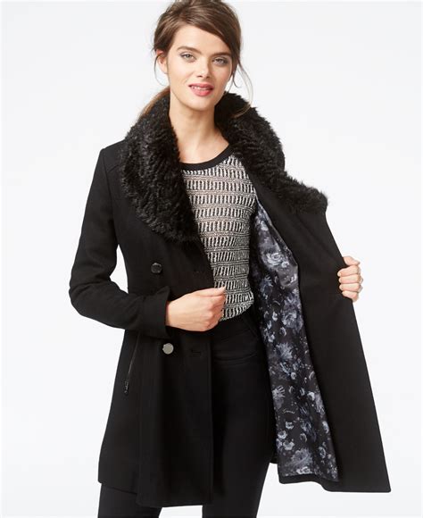Guess Faux Fur Collar Flared Peacoat In Black Lyst