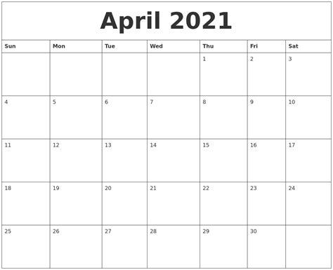 April 2021 Calendar Monthly
